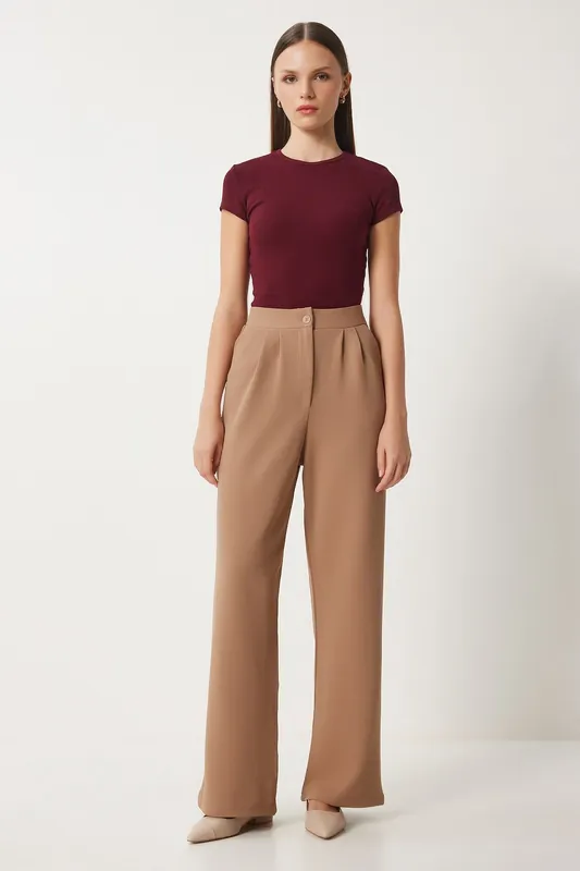 High Waist Pleated Wide Leg Pants - Happiness Istanbul