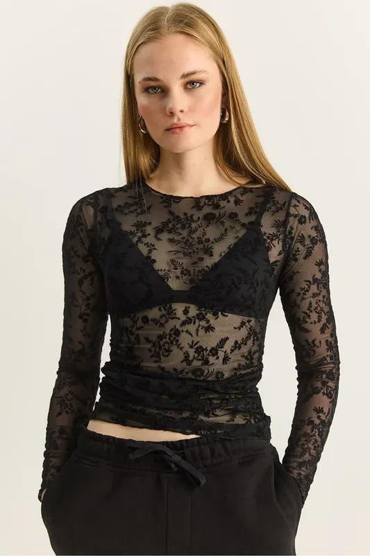 Floral Drape Crew Neck Blouse - Bianco Lucci