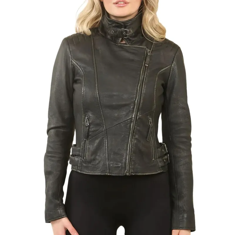 Black Cross Zip Leather Brando Biker Jacket - TruClothing