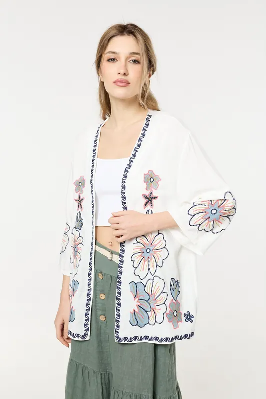 Floral Embroidered Open Front Kimono - Liquorish
