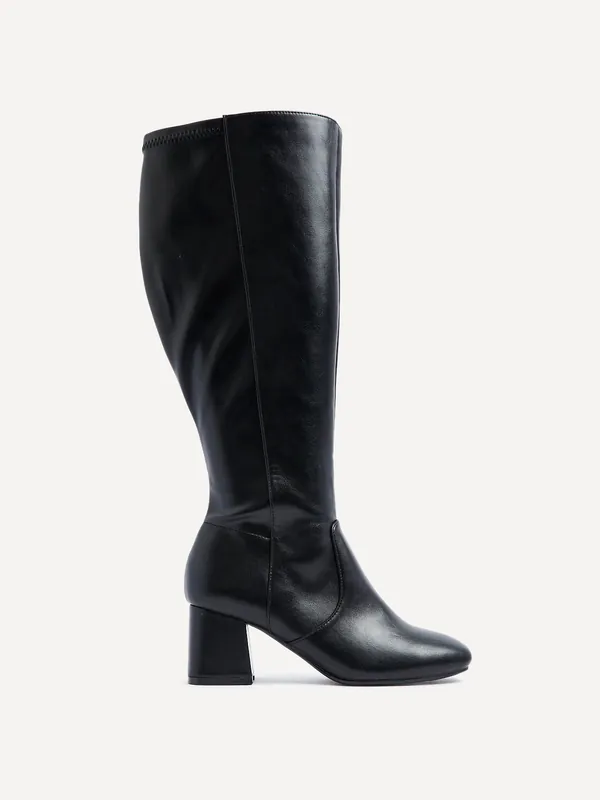 Fable Wide Fit Black Faux Leather Knee High Block Heeled Boot - Linzi