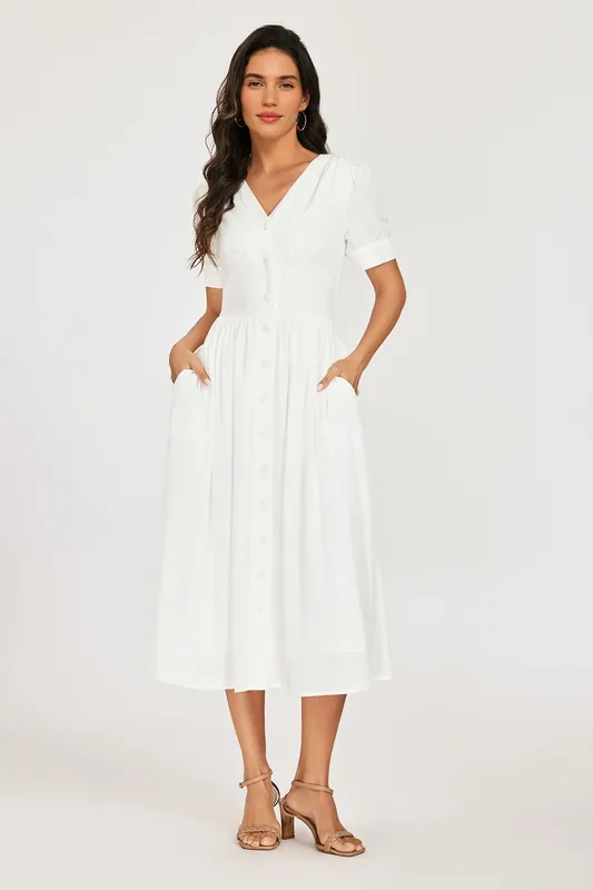 Puff Sleeve Button-Front Midi Dress