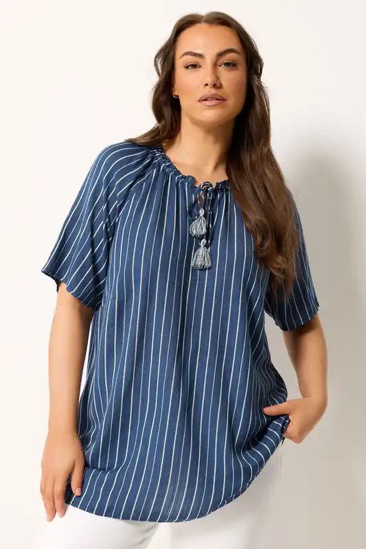 Stripe Notch Neck Embroidered Blouse - Yours