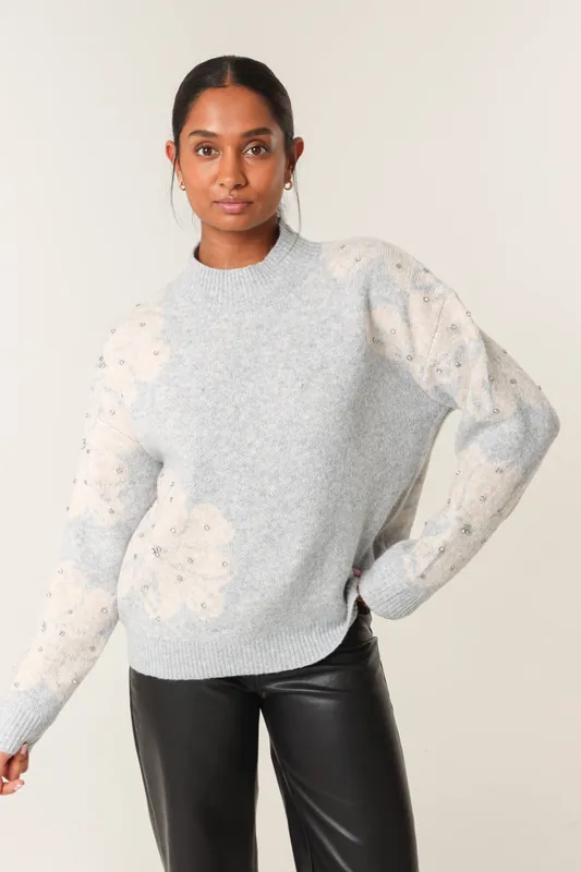 Grey Flower Diamante Detailed Knitted Jumper - Blue Vanilla