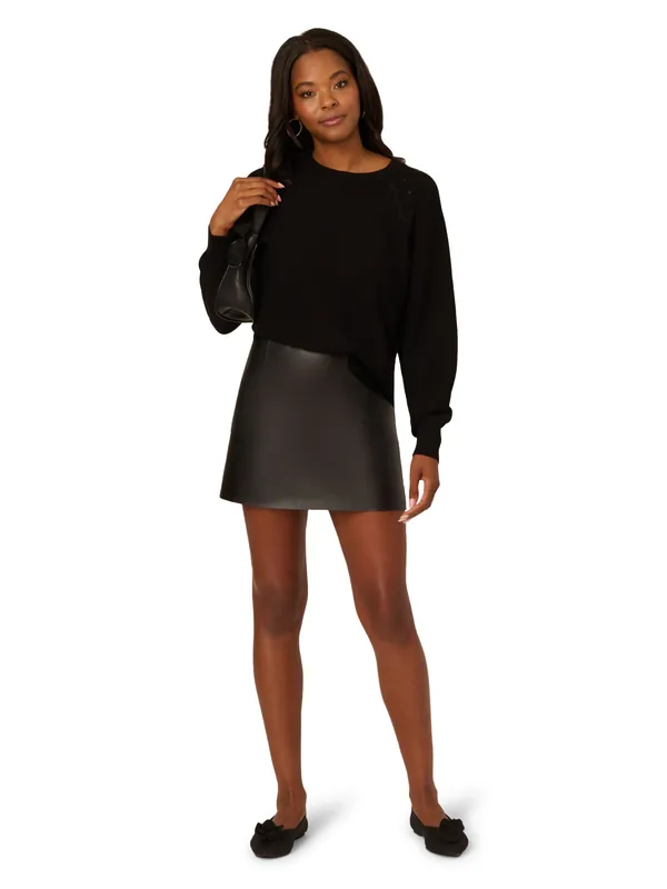 Crew Neck Long Sleeve Pullover Sweater With Lace Up Detail - Adrianna Papell