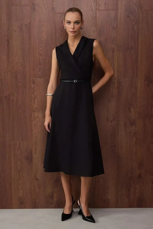 Belt Detail Sleeveless Midi Woven Dress with Wrap Front - WOVCOR