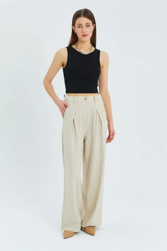 High Waist Pleated Palazzo Pants - MixRay