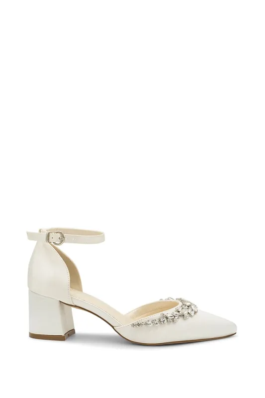 Dyeable Satin 'Cinta' Mid Block Heel Ankle Strap Court Shoes - Paradox London