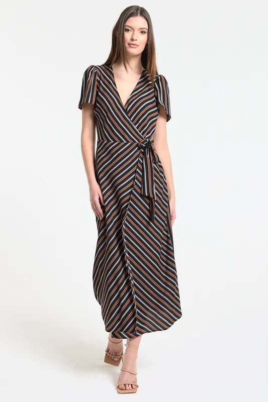 Striped Wrap Midi Dress with Tie - Liquorish