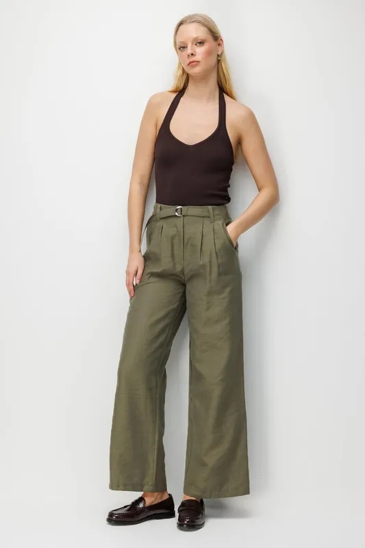 High Waist Textured Wide Leg Belted Pants - MixRay