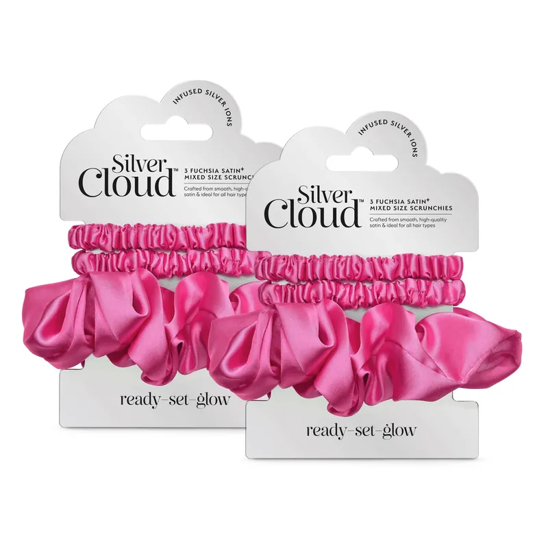 Silver Cloud Mixed Fuchsia Satin Scrunchies Double Pack