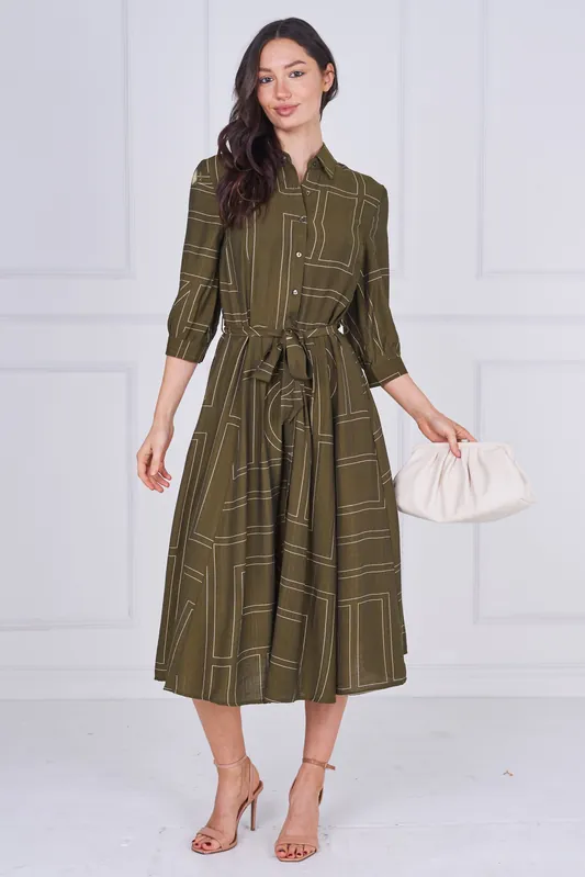 Khaki Green Contemporary Line Print Shirt Dress - Love Sunshine