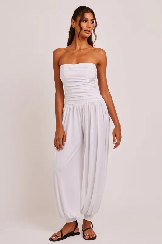 Jump White Strapless Balloon Leg Jumpsuit - Jaded Rose