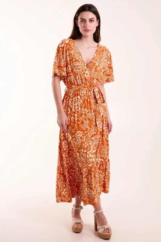 Double V Midi Dress With Tassel Tie - Blue Vanilla
