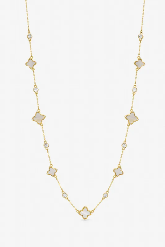 Gold Plated Mother of Pearl and Crystal Clover Necklace - Jon Richard