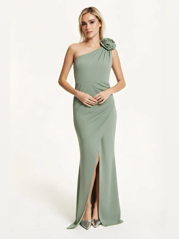 One Shoulder Sage Rose Maxi Dress - Liquorish