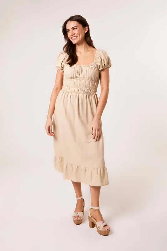 Stone Puff Sleeve Shirred Panel Dress - Blue Vanilla