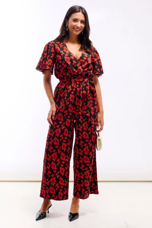 Red Floral Flutter Sleeve Jumpsuit - Needs No Label