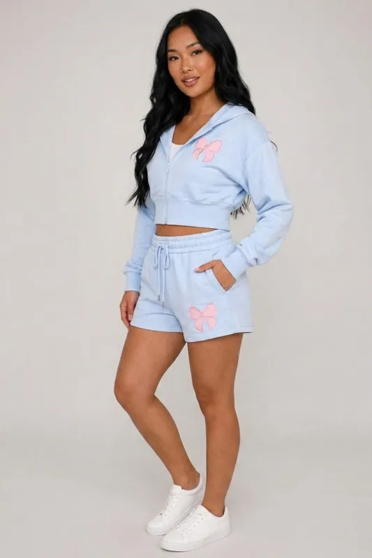 Bow Detail Fleece Hooded Top and Shorts Co-Ord Set