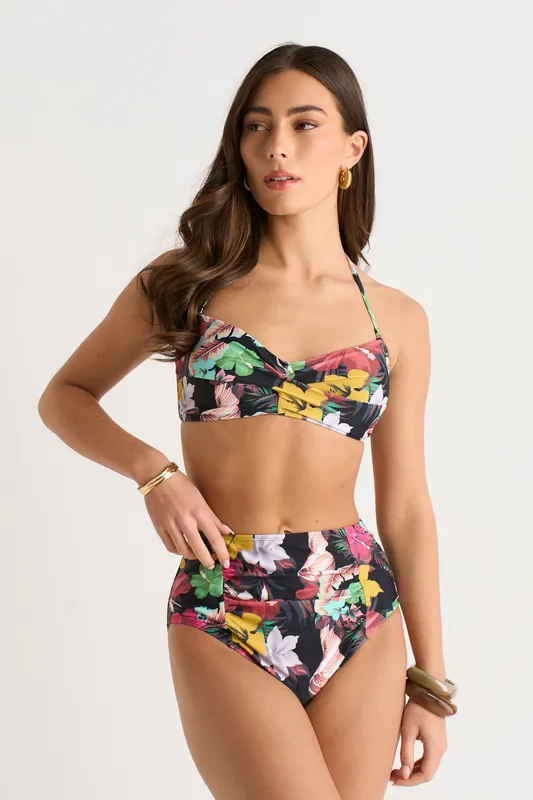 Multi Tropical Floral Ruched Panel Bikini Bottom - Gini London