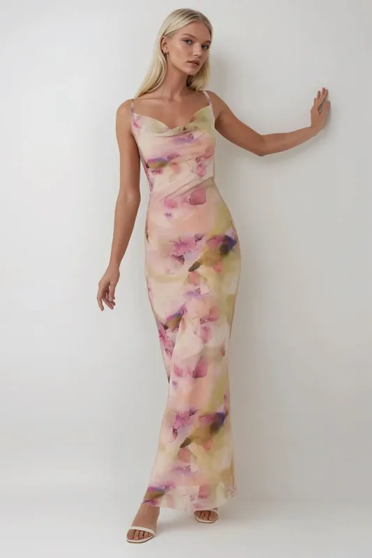 Printed Bodycon Maxi Tulle Dress - Hiccup