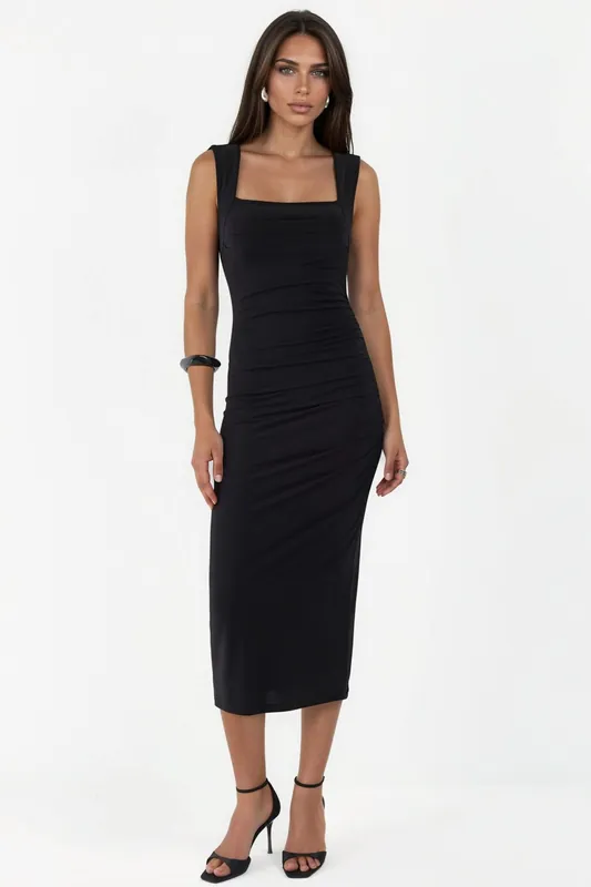 Square Collar Bodycon Sandy Midi Dress - Hiccup