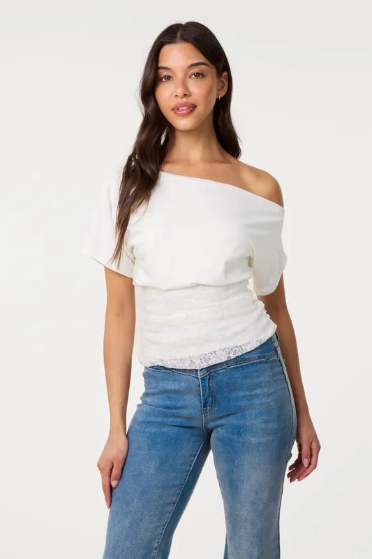 Ivory Slinky Puffball Top With Lace - Pink Vanilla