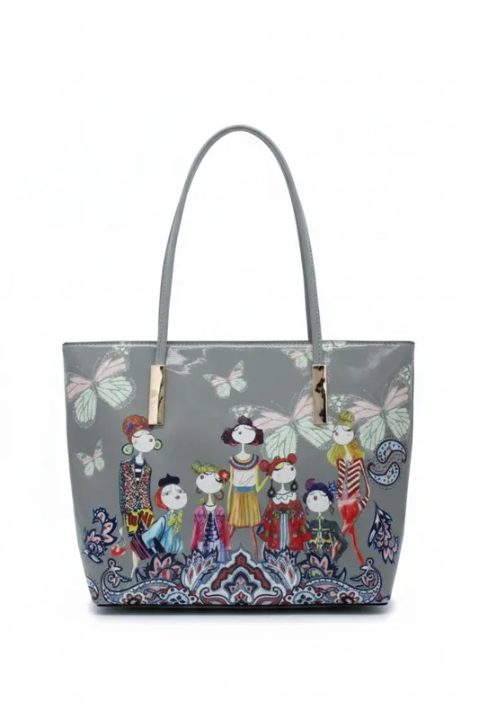 Printed Dolls Glossy Patent Pu Leather Tote Bag - Kitise