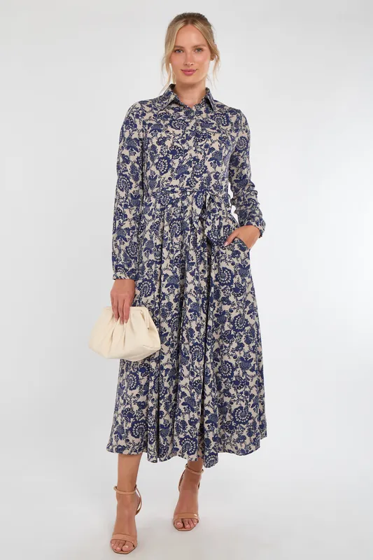 Navy Floral Paisley Print Long Sleeve Maxi Shirt Dress - Love Sunshine