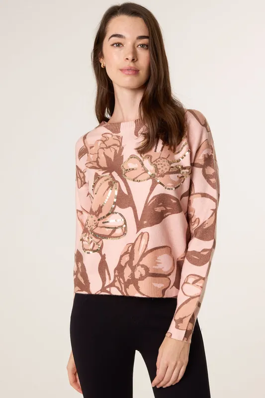 Pink Flower Sequin Detailed Jumper - Blue Vanilla