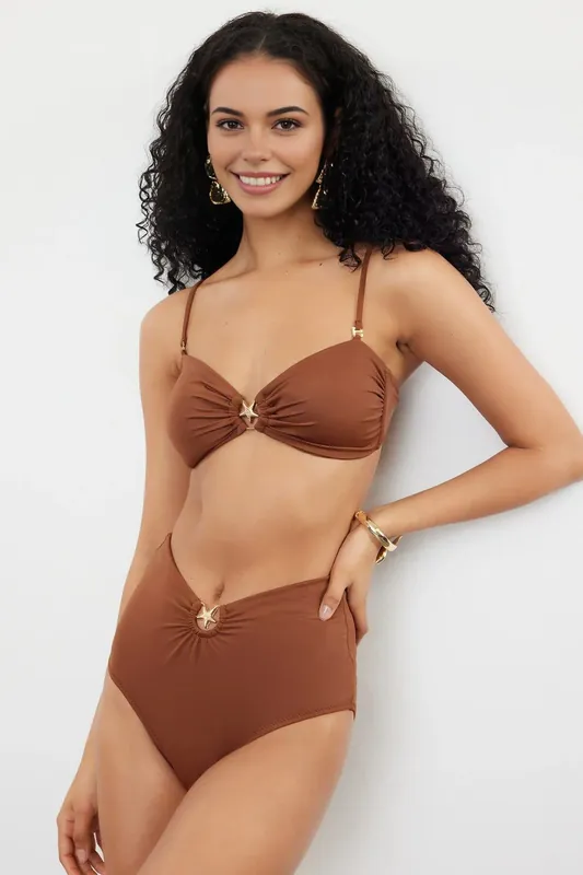 High Waist Hardware Detail Shaping Bikini Bottom with Front Accent - WOVCOR