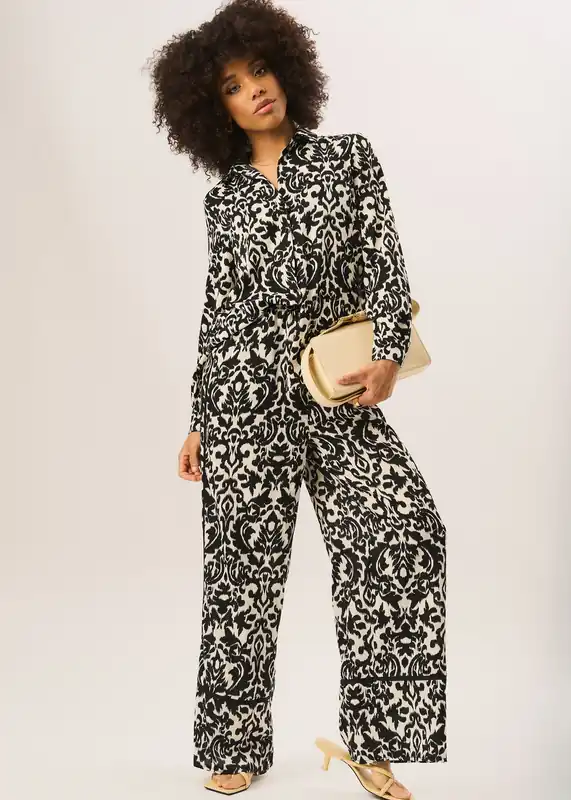 Mono Ikat Print Wide Leg Trousers - Gini London
