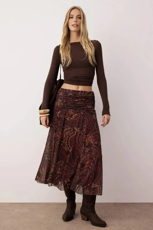Printed Draped Midi Skirt - WOVCOR