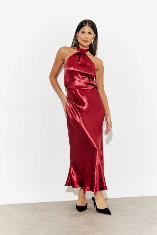 Burgundy Liquid Satin Halterneck Cowl Back Midaxi Dress - In The Style