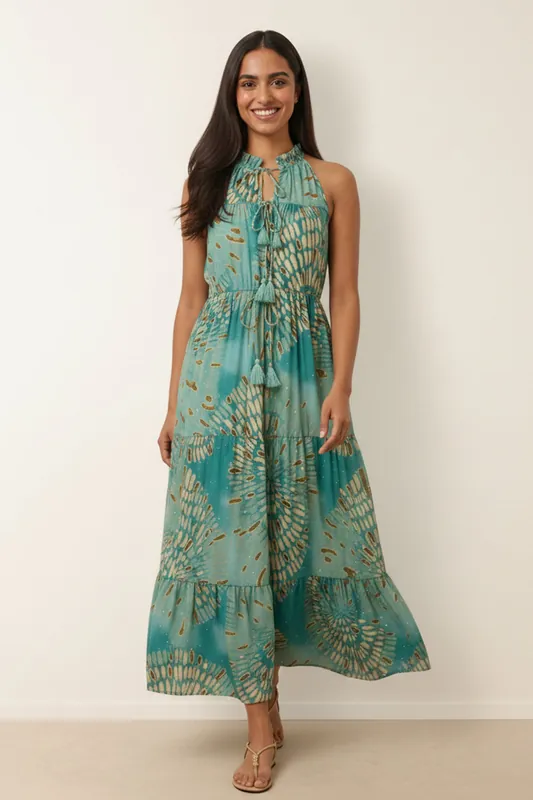 Aqua Diamante Tiered Tie Front Dress - Blue Vanilla