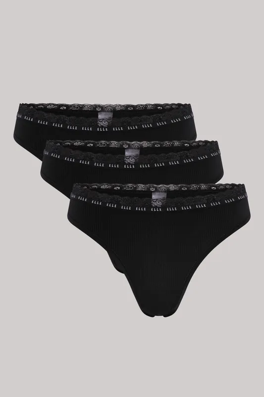 3 Pack Synthetic Rib Thong in Black - ELLE