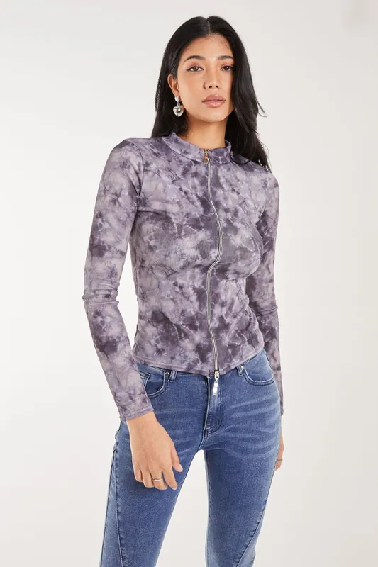 Acid Distressed Look Double Zip Top - Pink Vanilla