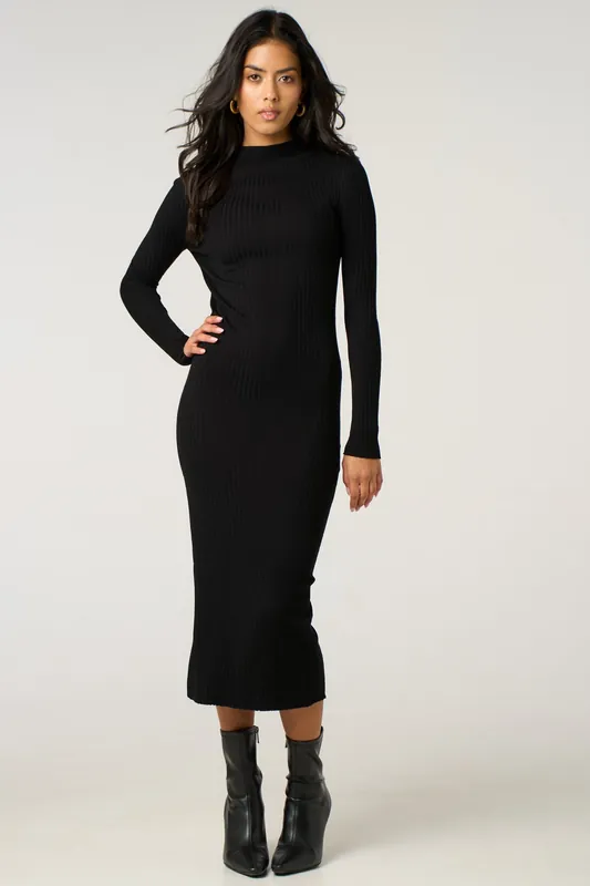 Black Ribbed Knitted Long Sleeve Skinny Maxi Dress - Femme Luxe