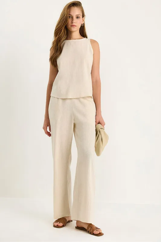 High Waist Sleeveless Linen Blended Two-Piece Set