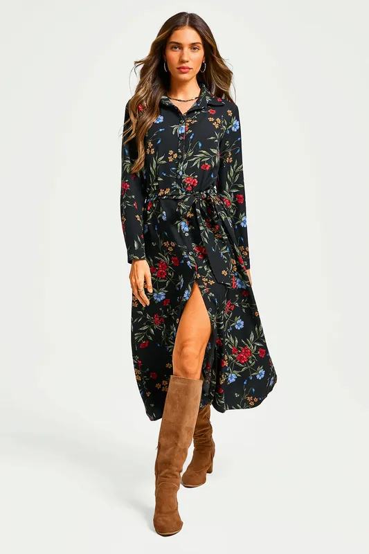 Floral Print Shirt Midi Dress With Tie Waist In Black - FS Collection