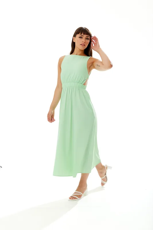 Green Midi Dress with Open Back and Elasticated Waist - Liquorish