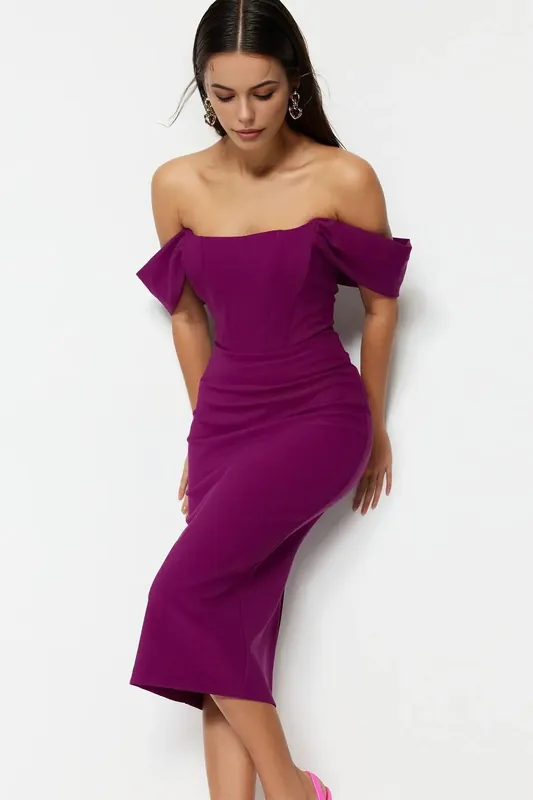 Off Shoulder Bardot Midi Dress with Contour Fit - WOVCOR