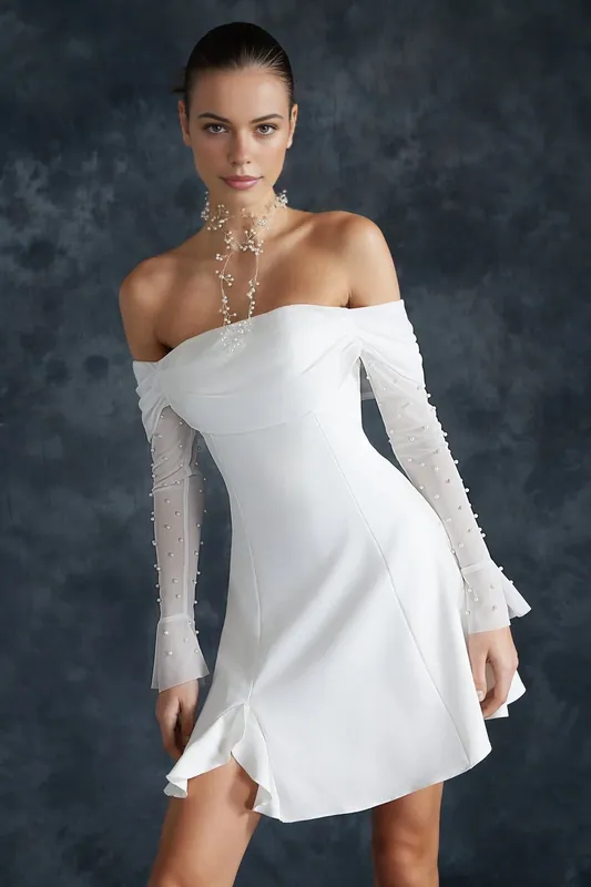 Off Shoulder Mesh Sleeve Mini Occasion Dress - WOVCOR
