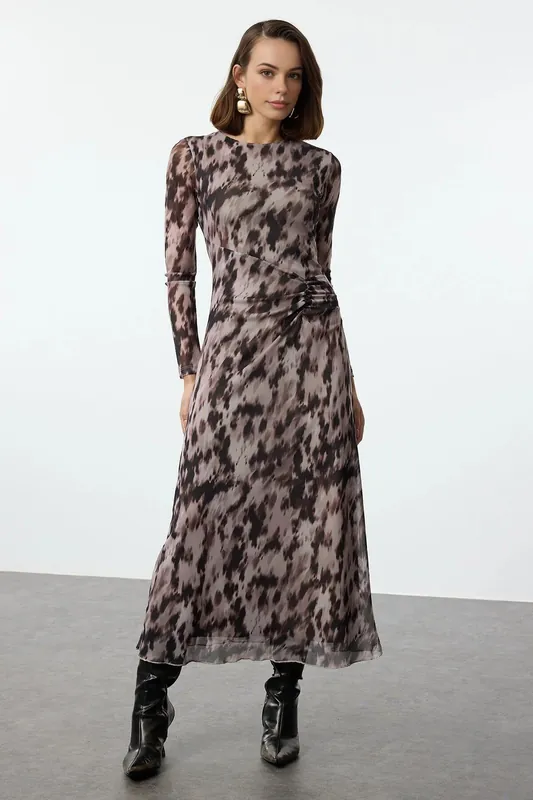 Abstract Print Mesh Maxi Dress with Draped Waist Detail - WOVCOR
