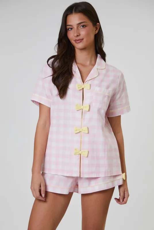 Checked Bow Detail Short Sleeve and Short Set - Loungeable