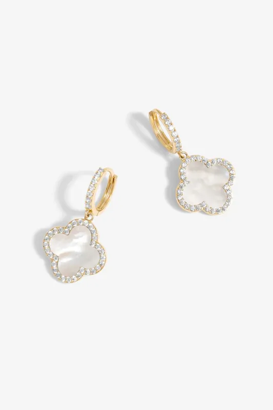 Gold Plated And Mother of Pearl Clover Huggie Earrings - Jon Richard