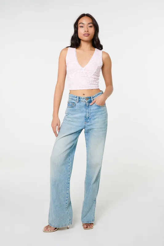 Pink V Neck Lace Crop Top - Pink Vanilla