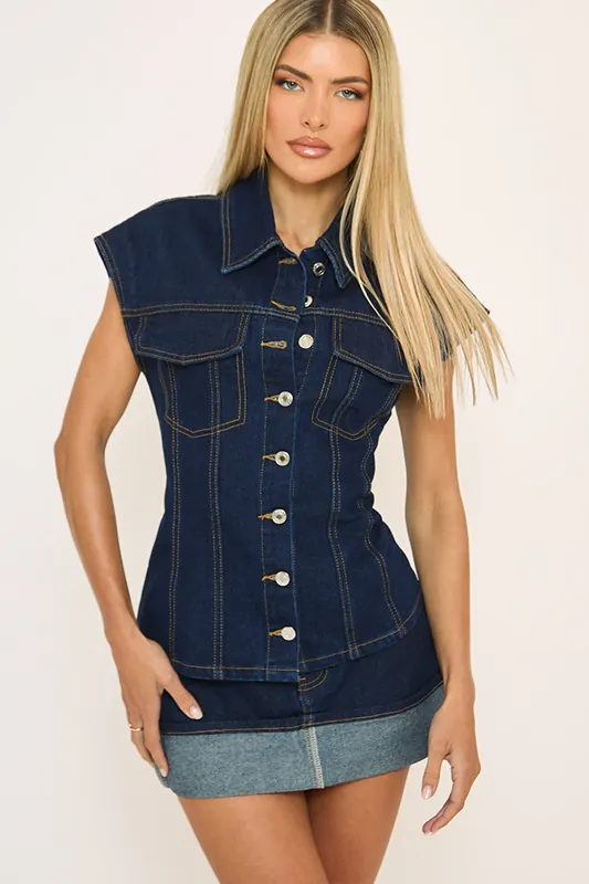 Short Sleeve Button Collared Denim Top - EGO