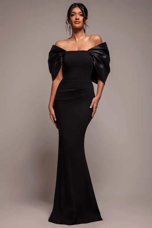 Off Shoulder Back Satin Bow Scuba Maxi Dress - Goddiva