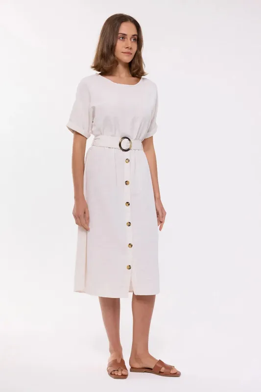 Buttoned Round Neck Belted Midi Dress - Hiccup